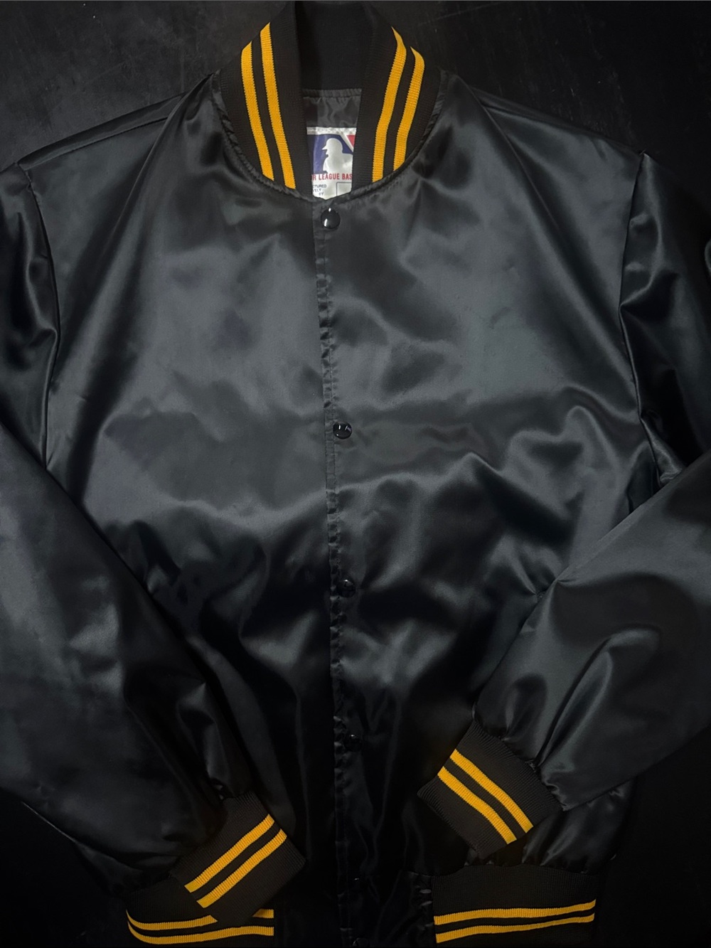 Vintage MLB Shain Black Satin Bomber Jacket with Yellow Stripe Trim no logo RARE